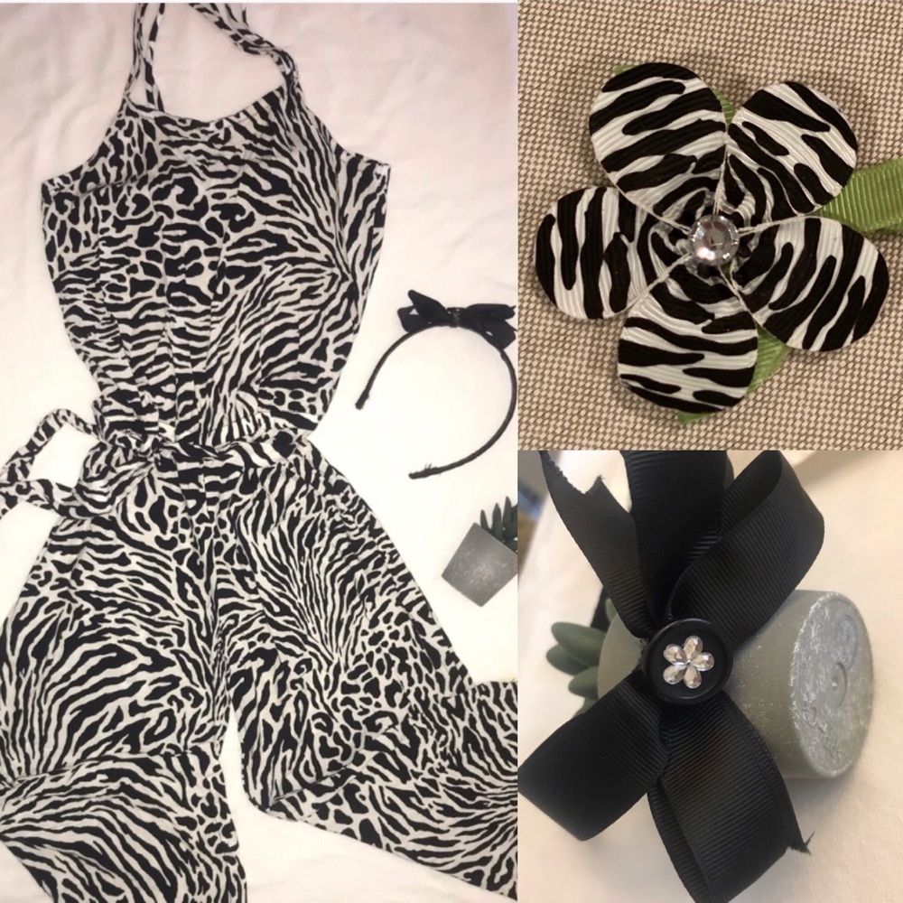 Girls zebra print romper matching hairaccessories